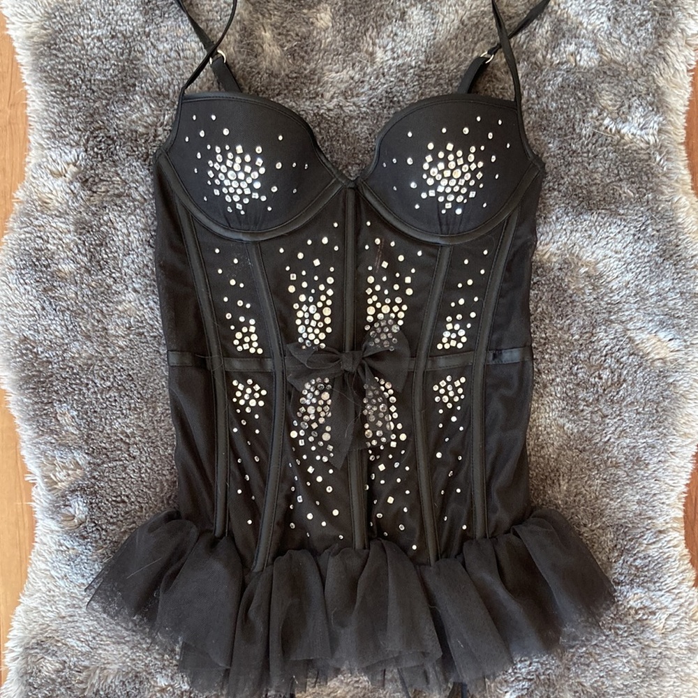 Victoria’s Secret black bedazzled bustier with garters